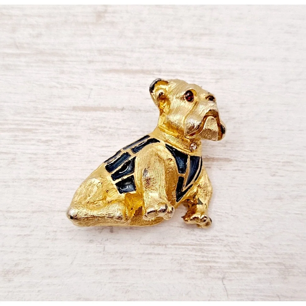 Vintage Goldtone English Bulldog Brooch – Blue Enamel Sweater, Rhinestone Eyes